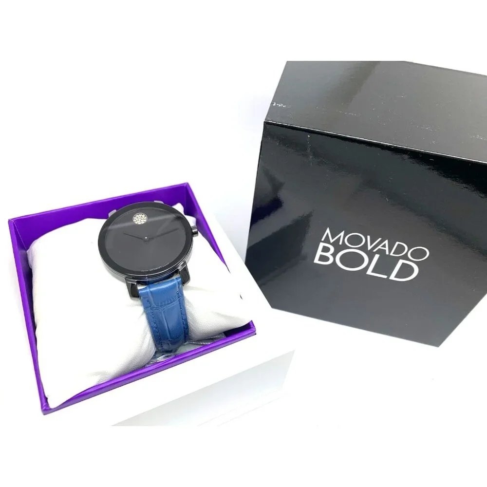 Movado Women's Watch 3601235 Bold Swiss Quartz Black Ceramic Blue Leather 34mm